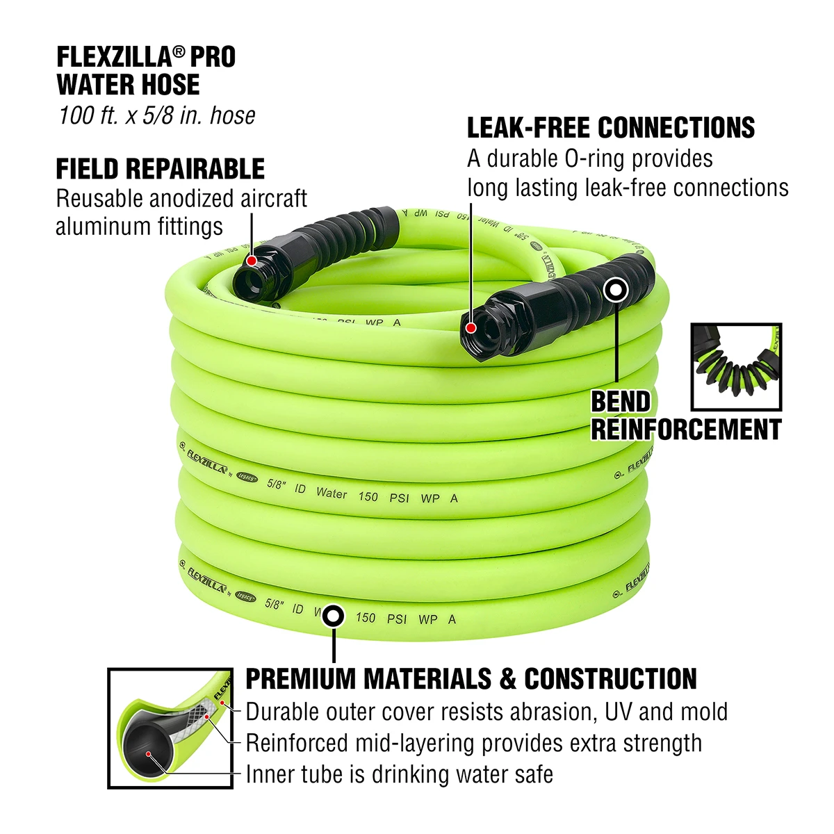 Flexzilla Pro Water Hose 5/8 in x 100 ft with Reusable Fittings (HFZWP5100-E) — product image 2