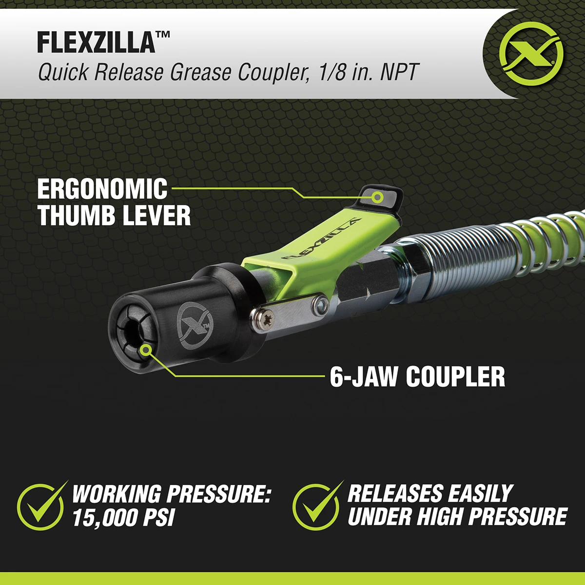 Flexzilla Quick Release Grease Coupler 1/8 NPT 6-Jaw Coupler Steel (L2050FZ) — product image 8