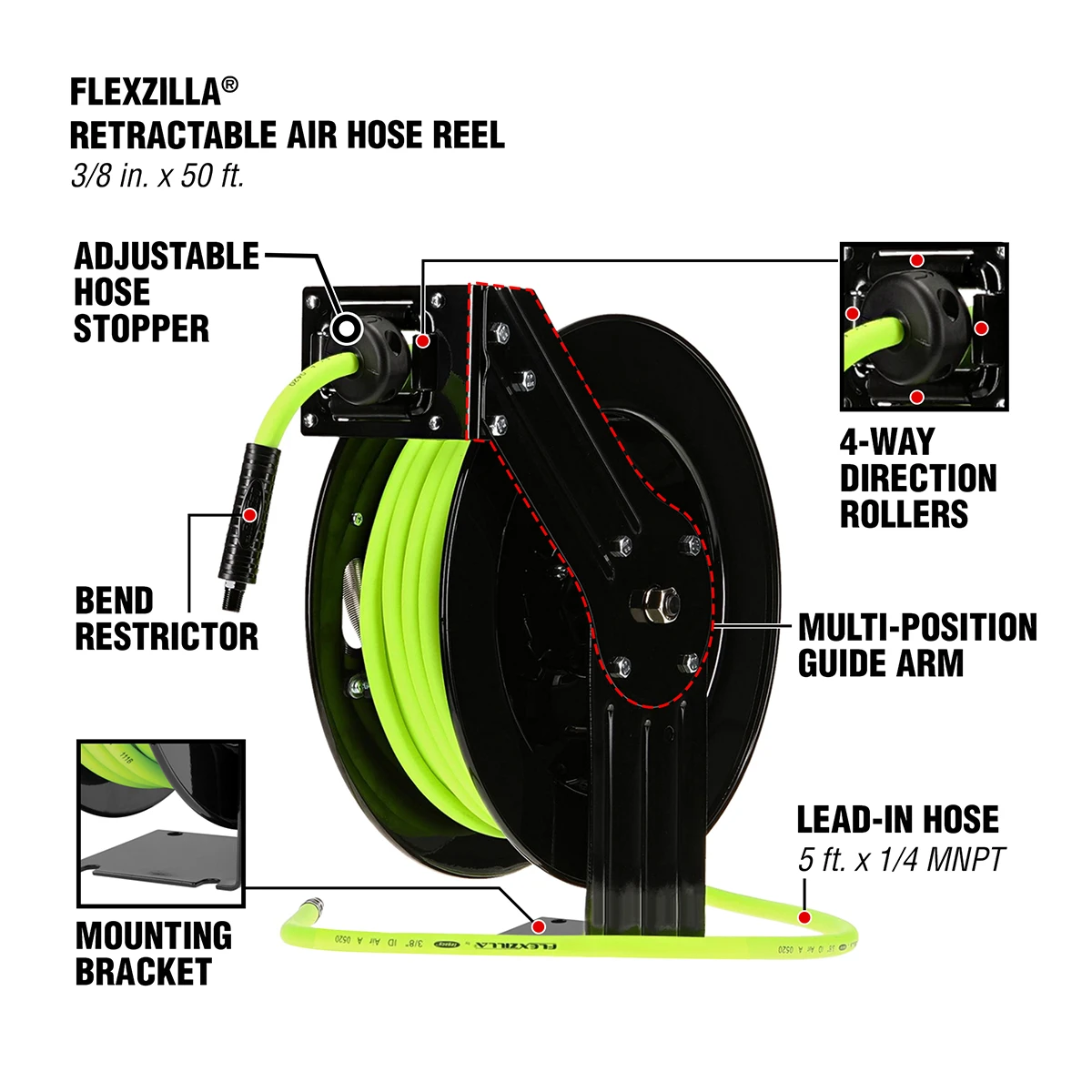 Flexzilla Retractable Air Hose Reel 3/8 in x 50 ft Hybrid (L8611FZ) — product image 2