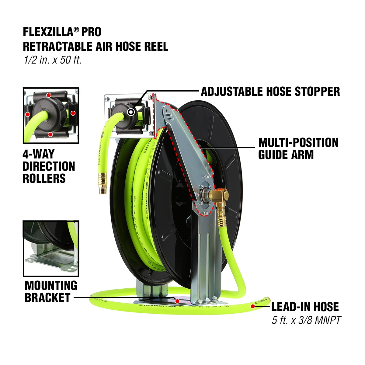 Flexzilla Pro Retractable Open Dual Arm Air Hose Reel, 1/2 in x 50 ft (L8741FZ) — product image 2