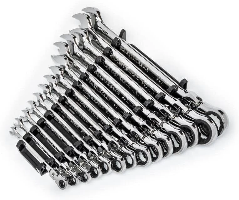 Gearwrench polished flex-head combination wrench assortment arranged by size