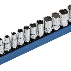 Gearwrench 80306 metric sockets arranged on a blue storage rail