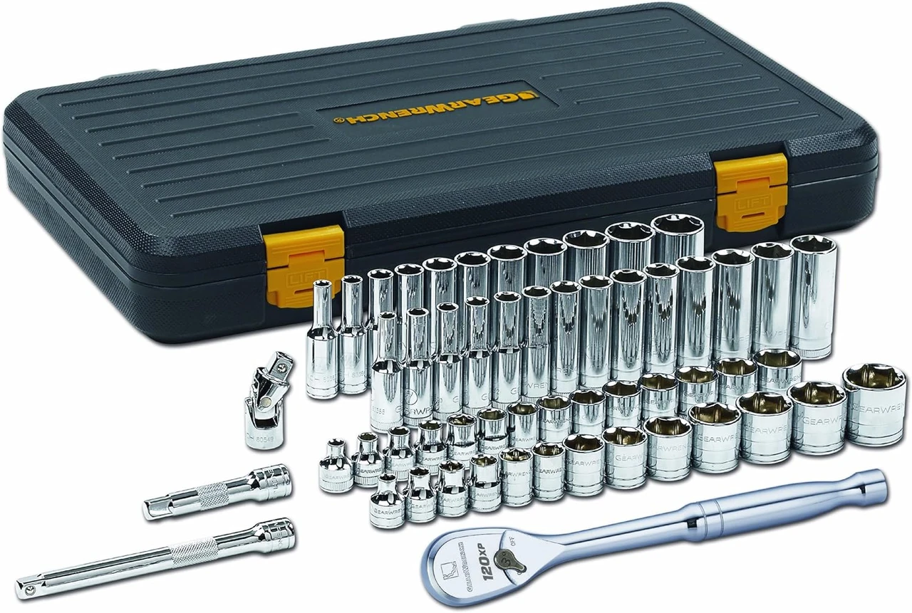 Gearwrench 80550P sockets and ratchet arranged in front of a black case