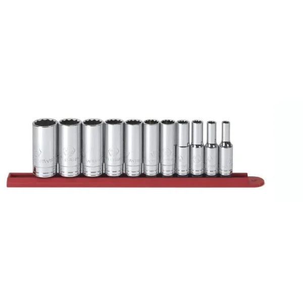 Gearwrench 80563 deep SAE sockets arranged on a red rail