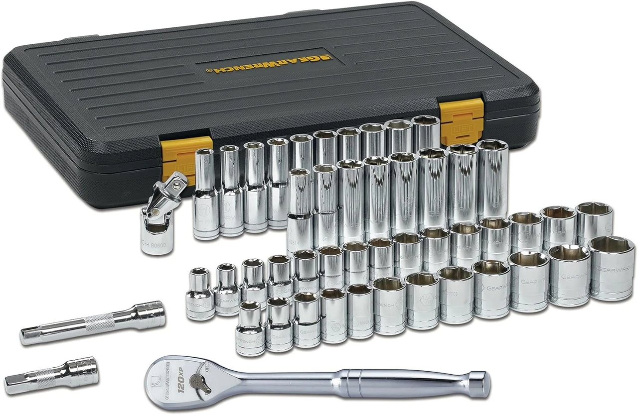 Gearwrench 80700P sockets, ratchets and extensions beside a black case