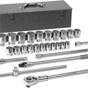 Gearwrench 80880 sockets and drive tools beside a metal storage box
