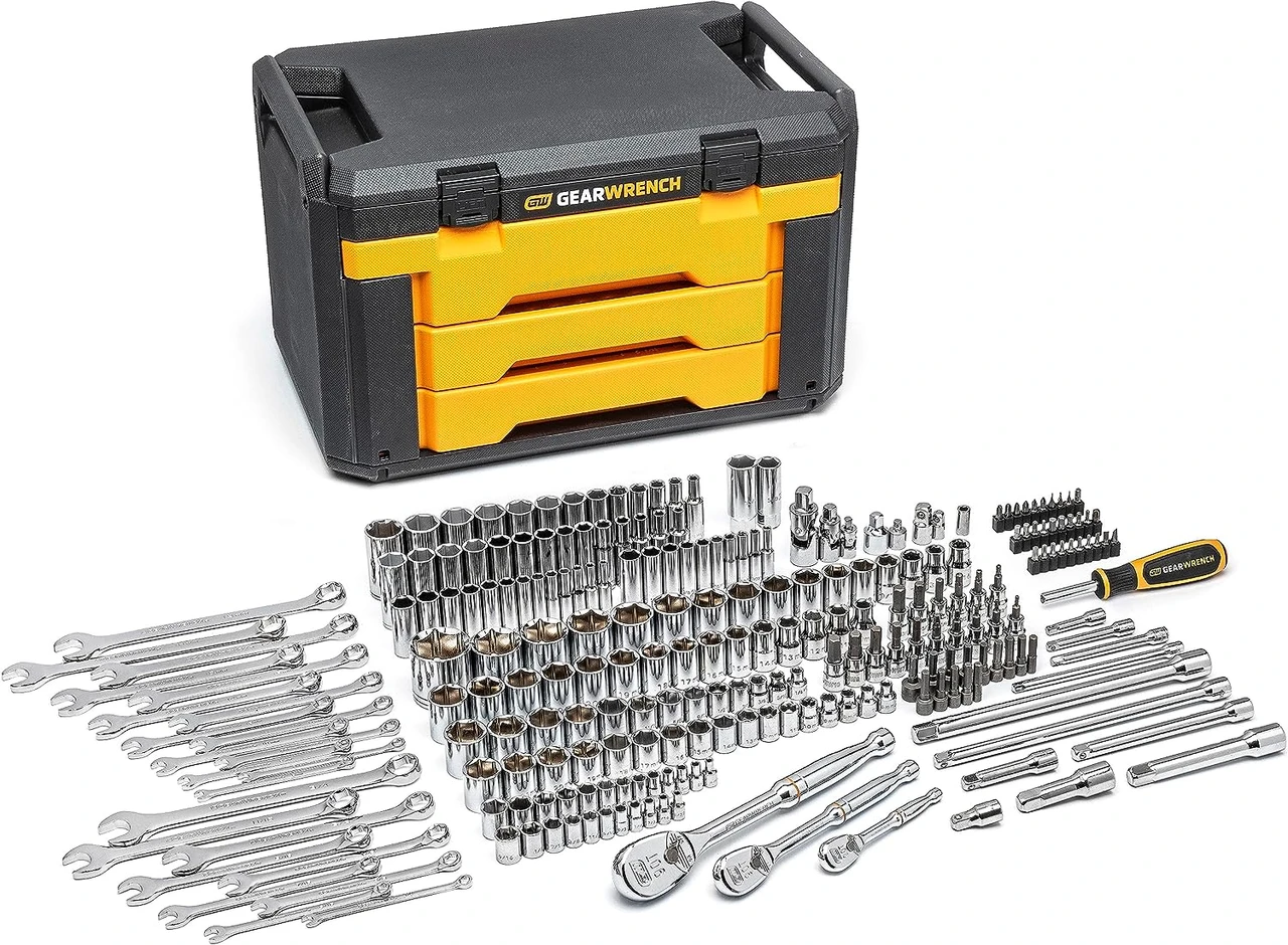 Gearwrench 80966 mechanics tool assortment beside a three-drawer storage box