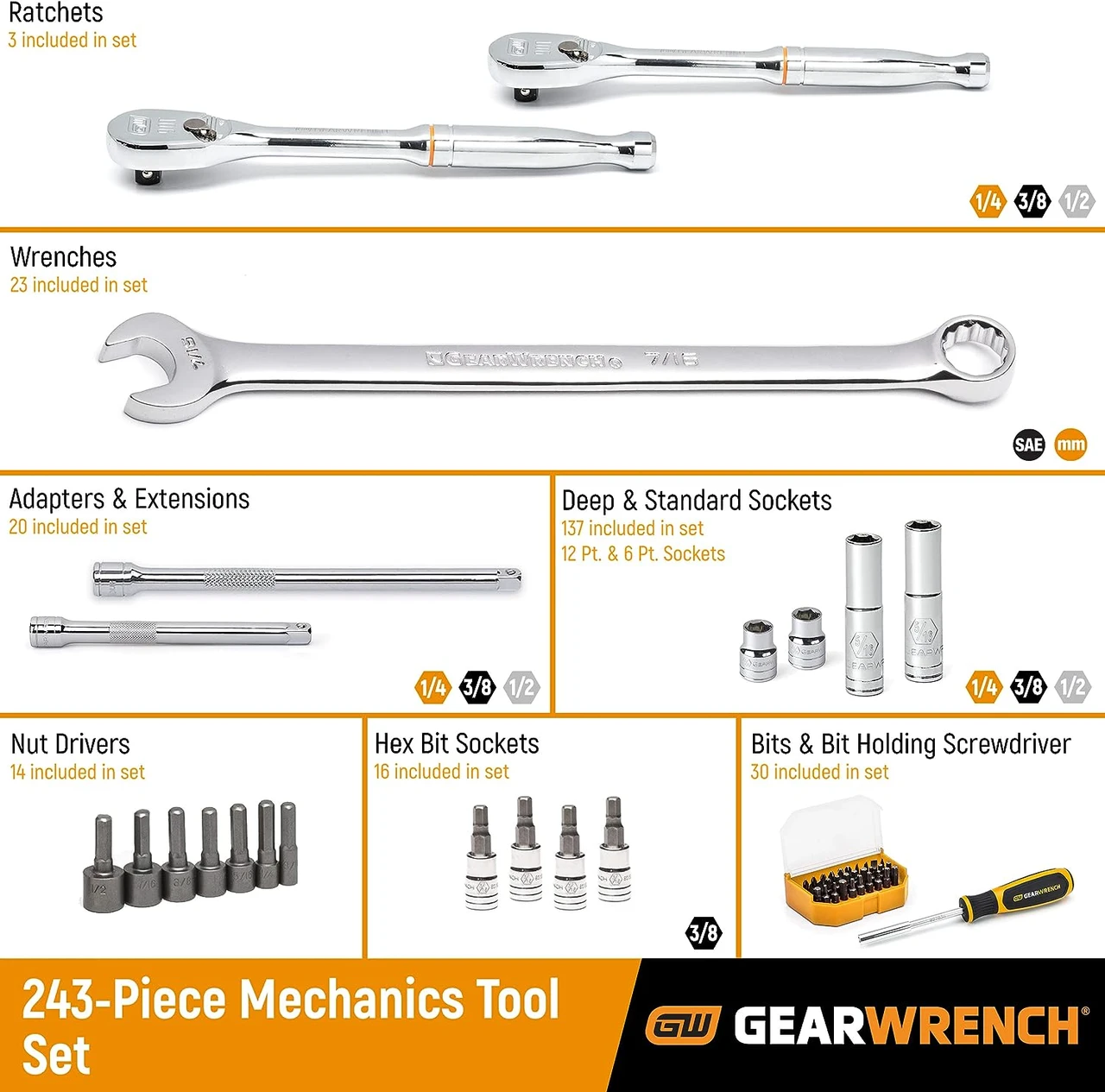 Gearwrench 243PC 6 Pt Tool Set 1/4", 3/8", 1/2" (80966) — product image 3