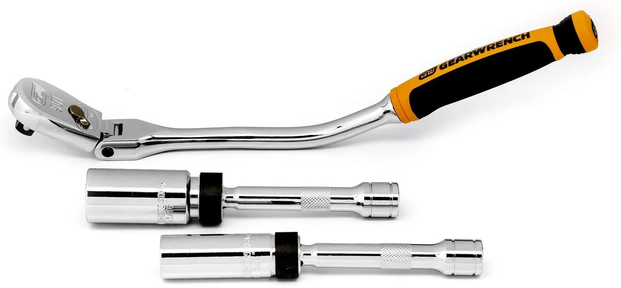Gearwrench 81229T offset ratchet alongside two swivel spark plug sockets