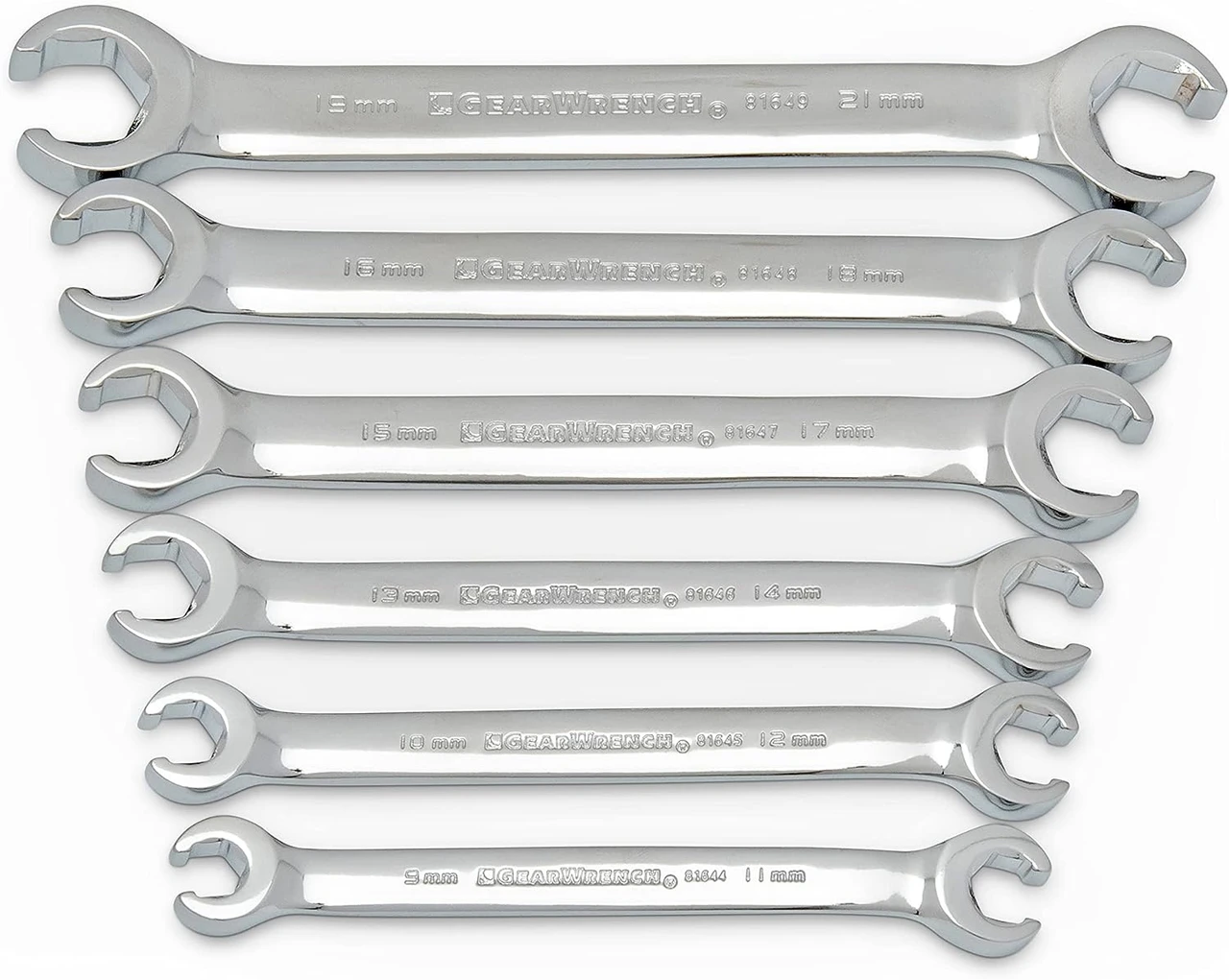 Six Gearwrench 81906 dual-size flare nut wrenches arranged by size
