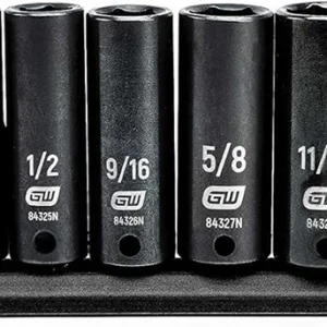 Eight Gearwrench 84915N SAE deep sockets on a black rail