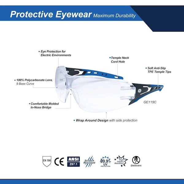 General Electric Black/Blue Safety Glasses Clear Lens Anti-Scratch Anti-Slip Design (GE115C, GE115CAF)