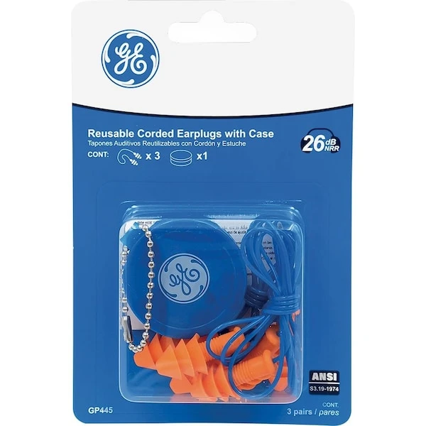 General Electric Corded Silicone Earplugs with Case - 3 Pairs (GP445)