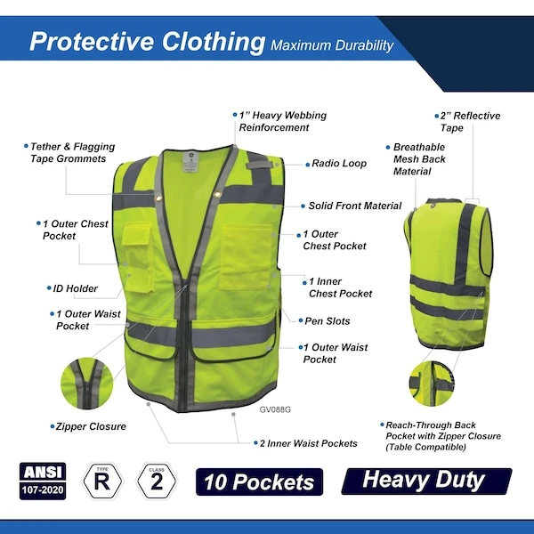 General Electric Green Surveyor Vest with Reflective Tape - 10 Pockets (GV088GM, GV088GL, GV088GXL) — product image 3