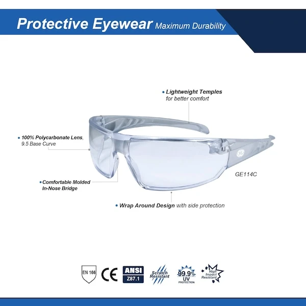 General Electric Safety Glasses Clear Lens Lightweight Design (GE114C, GE114CAF)