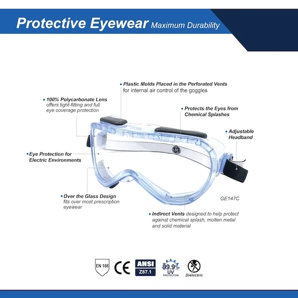 General Electric Safety Goggles Adjustable Headband Indirect Vents Anti-Fog (GE147C) — product image 2