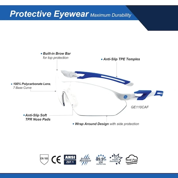 General Electric White/Blue Safety Glasses Anti-Fog Scratch Resistant - Clear/Blue Mirror Lenses (GE110CAF, GE110BAF) — product image 2
