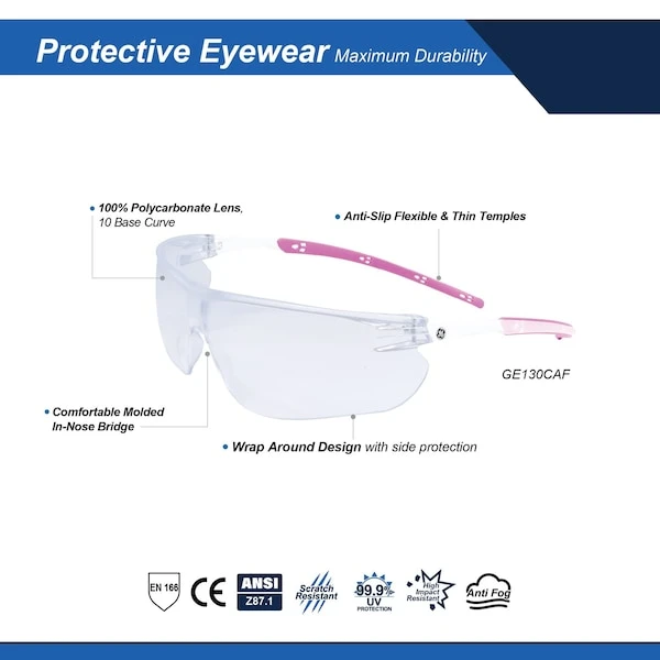 General Electric White/Pink Safety Glasses Clear Lens Anti-Fog (GE130CAF)
