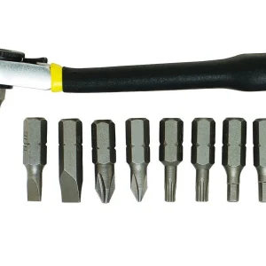 General Tools 80075 offset ratcheting handle beside eight insert bits
