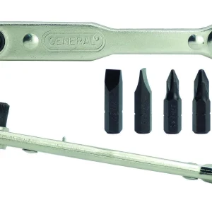 General Tools 8075 offset ratchet handle views and four screwdriver tips
