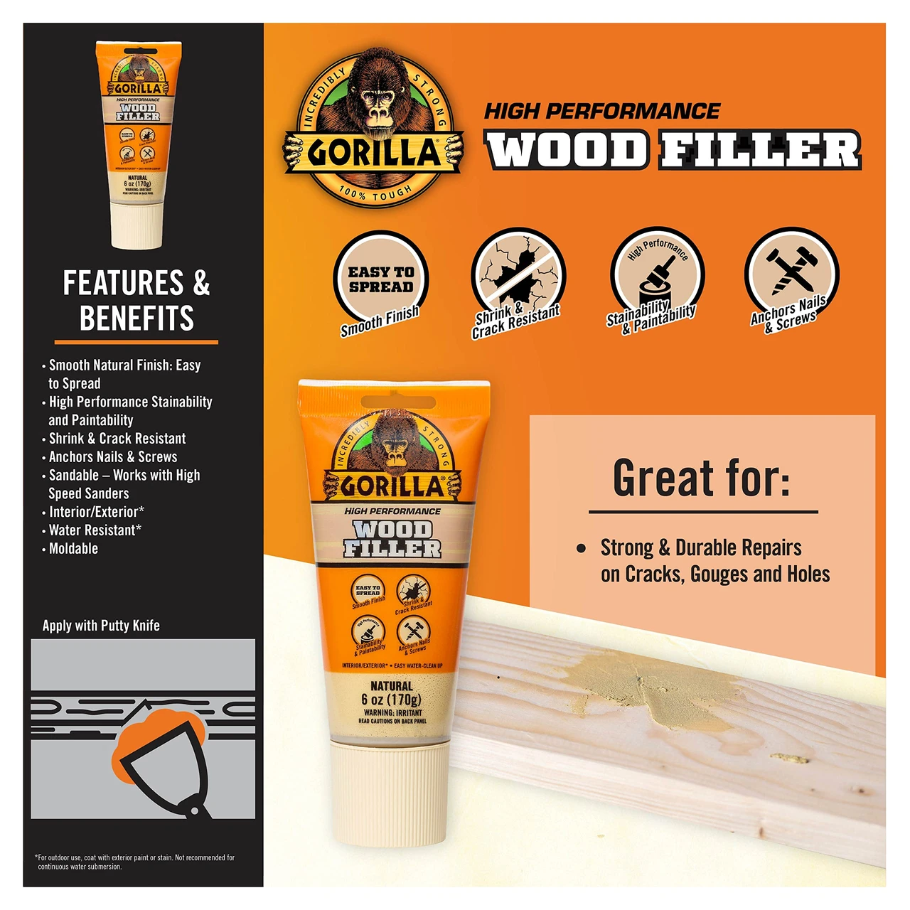 Gorilla Glue All Purpose Wood Filler, 6Oz Tube, Natural (107072) — product image 2