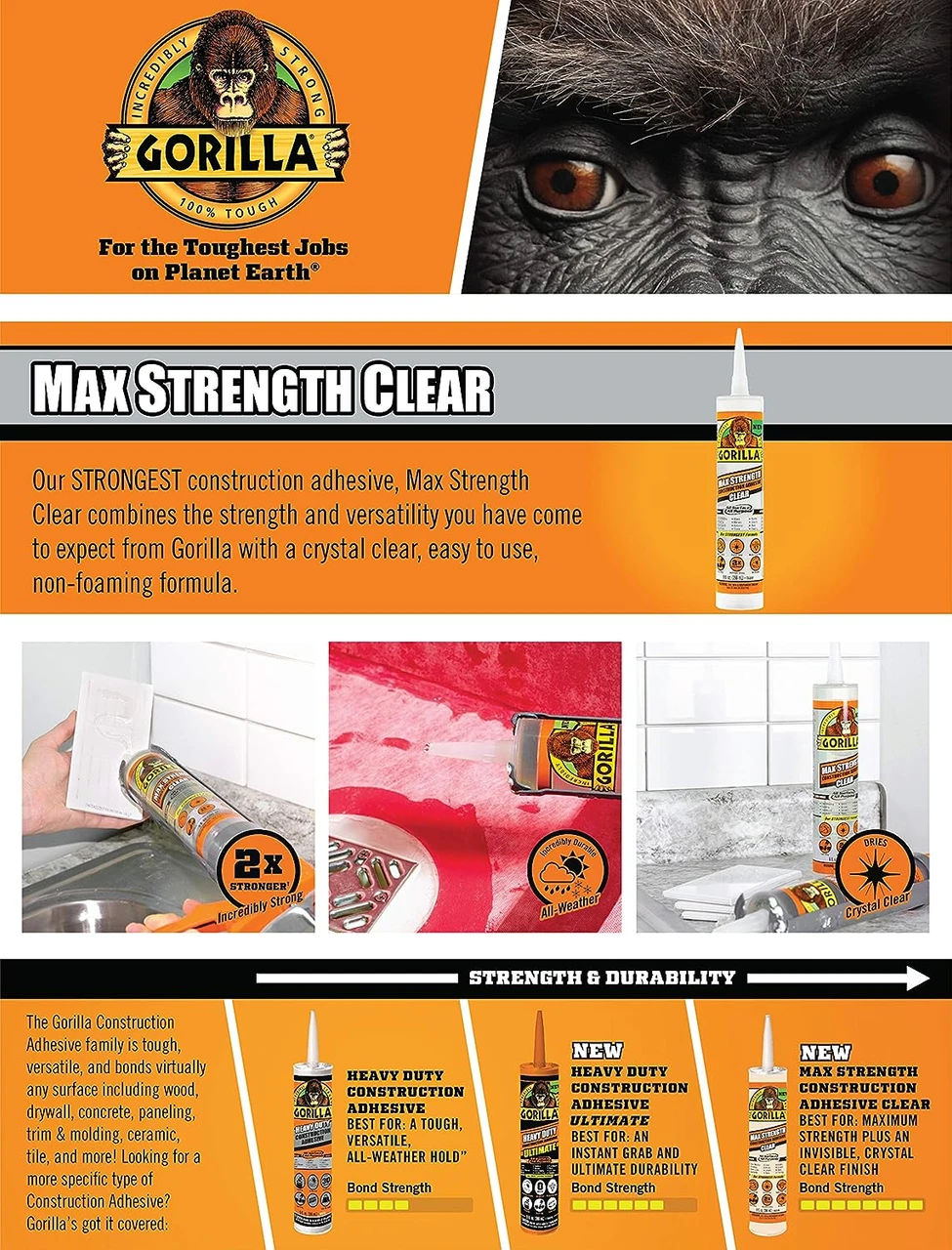 Gorilla Glue Max Strength Clear Construction Adhesive (8212302) — product image 2