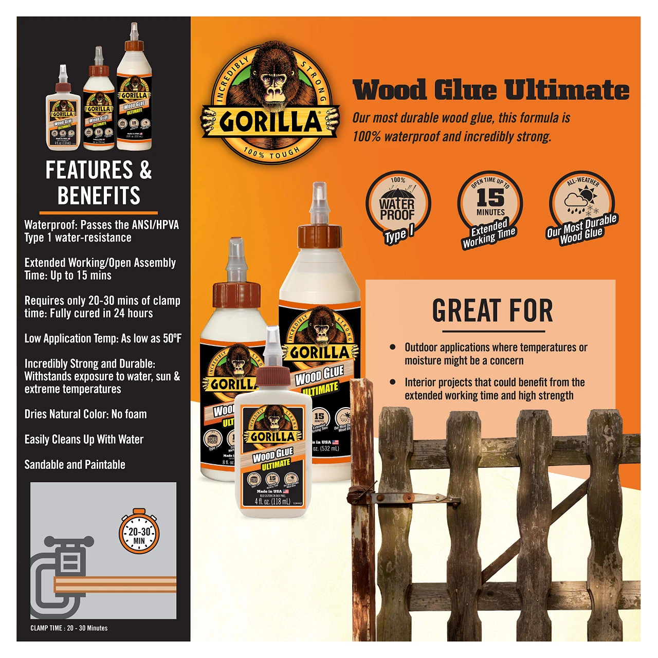 Gorilla Glue Ultimate Waterproof Wood Glue, 8 Ounce, Natural Wood Color (104404) — product image 2