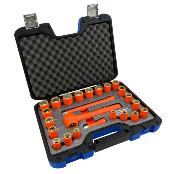 Gray Tools 24 Piece 3/8" Drive 12 Point SAE and Metric, Standard Socket and Attachments Set, 1000V Insulated (25024DH-I)