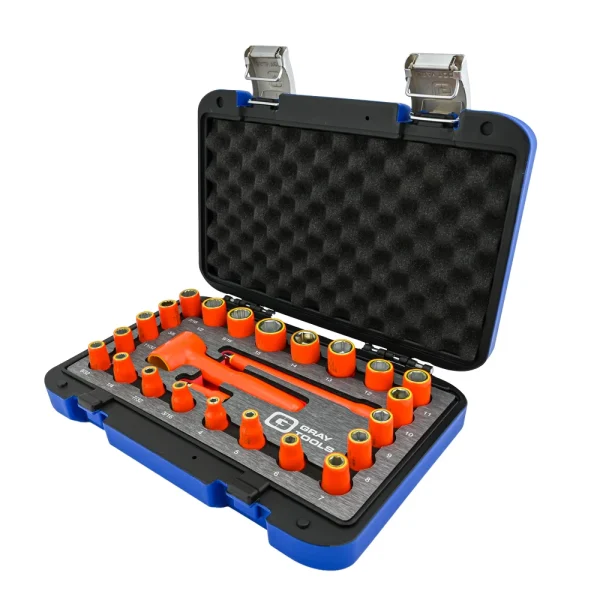 Gray Tools 25 Piece 1/4" Drive 6 & 12 Point SAE and Metric, Standard Socket and Attachments Set, 1000V Insulated (15025-I)
