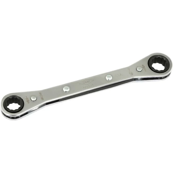 Gray Tools 3/8" X 7/16" 12 Point, Flat Ratcheting Box Wrench, Mirror Chrome Finish (5002T)