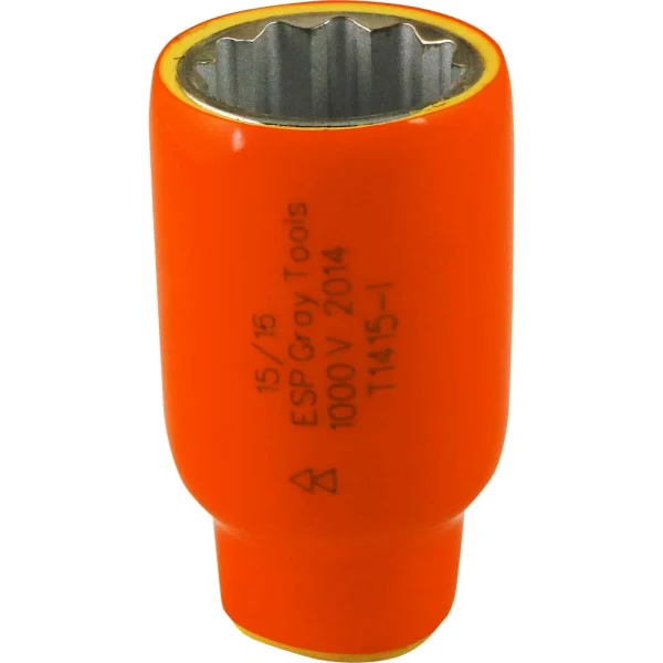 Gray Tools Socket 15/16" X 1/2" Drive, 12 Point Standard Length Socket, 1000V Insulated (1415-I)