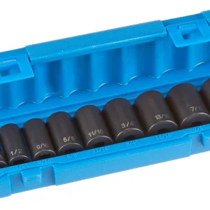 Twelve fractional-size sockets arranged in an open blue storage case