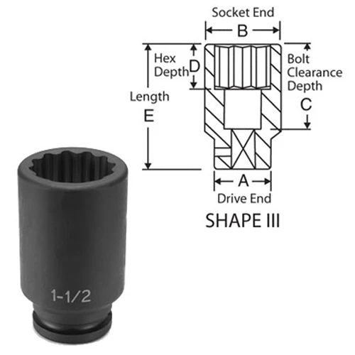 Grey Pneumatic 3/4" Drive x 2-1/16" Deep - 12 Point Socket (3166D)