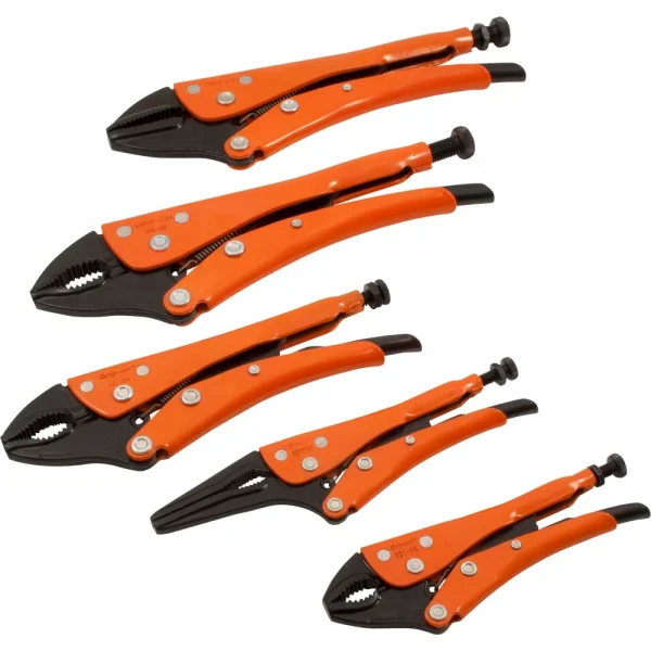 Grip-on 5 Piece General Service Set, Straight, Curved & Long Nose Locking Pliers (BK-SET5-89)