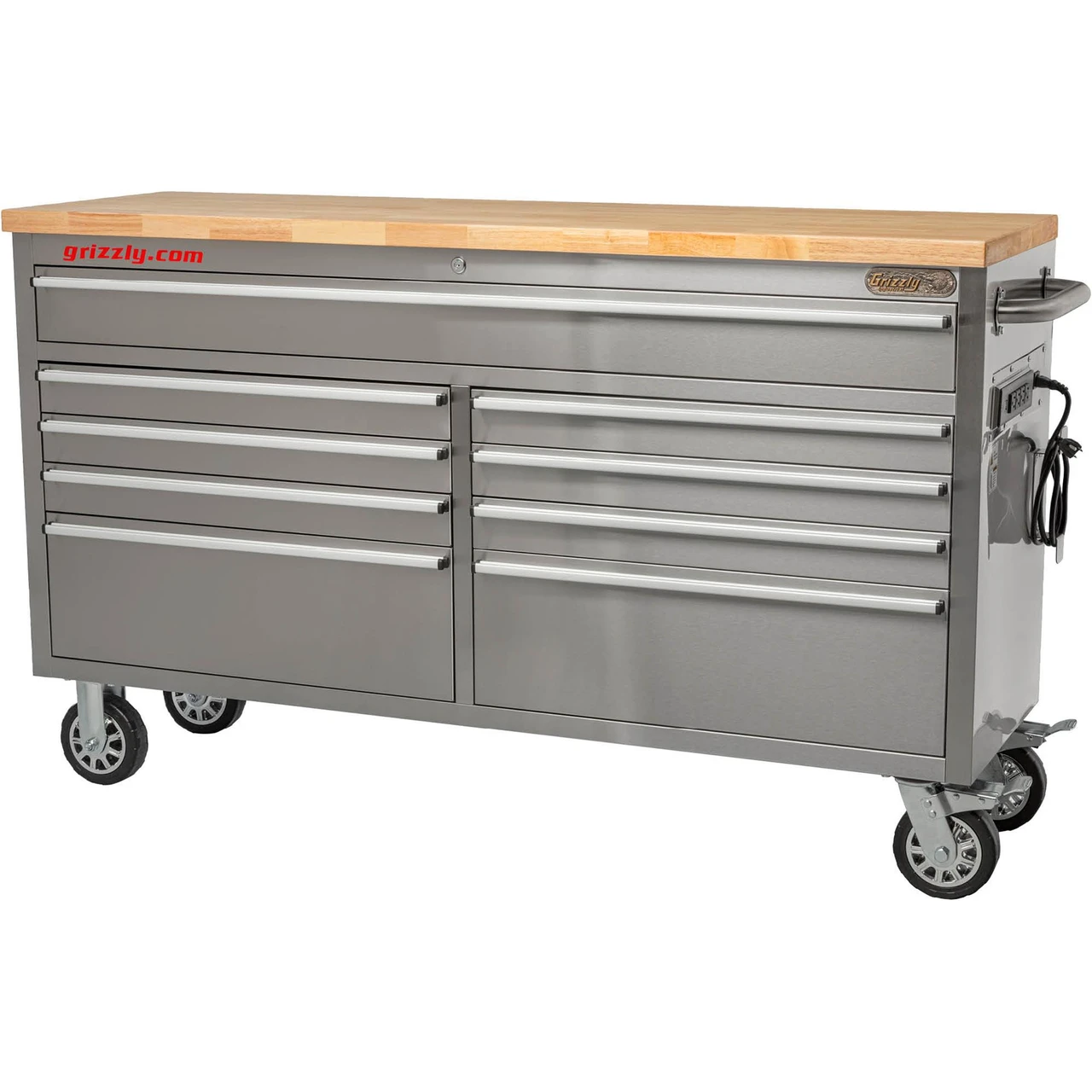 Grizzly T33255 nine-drawer stainless steel tool cabinet with wood top, side handles and casters
