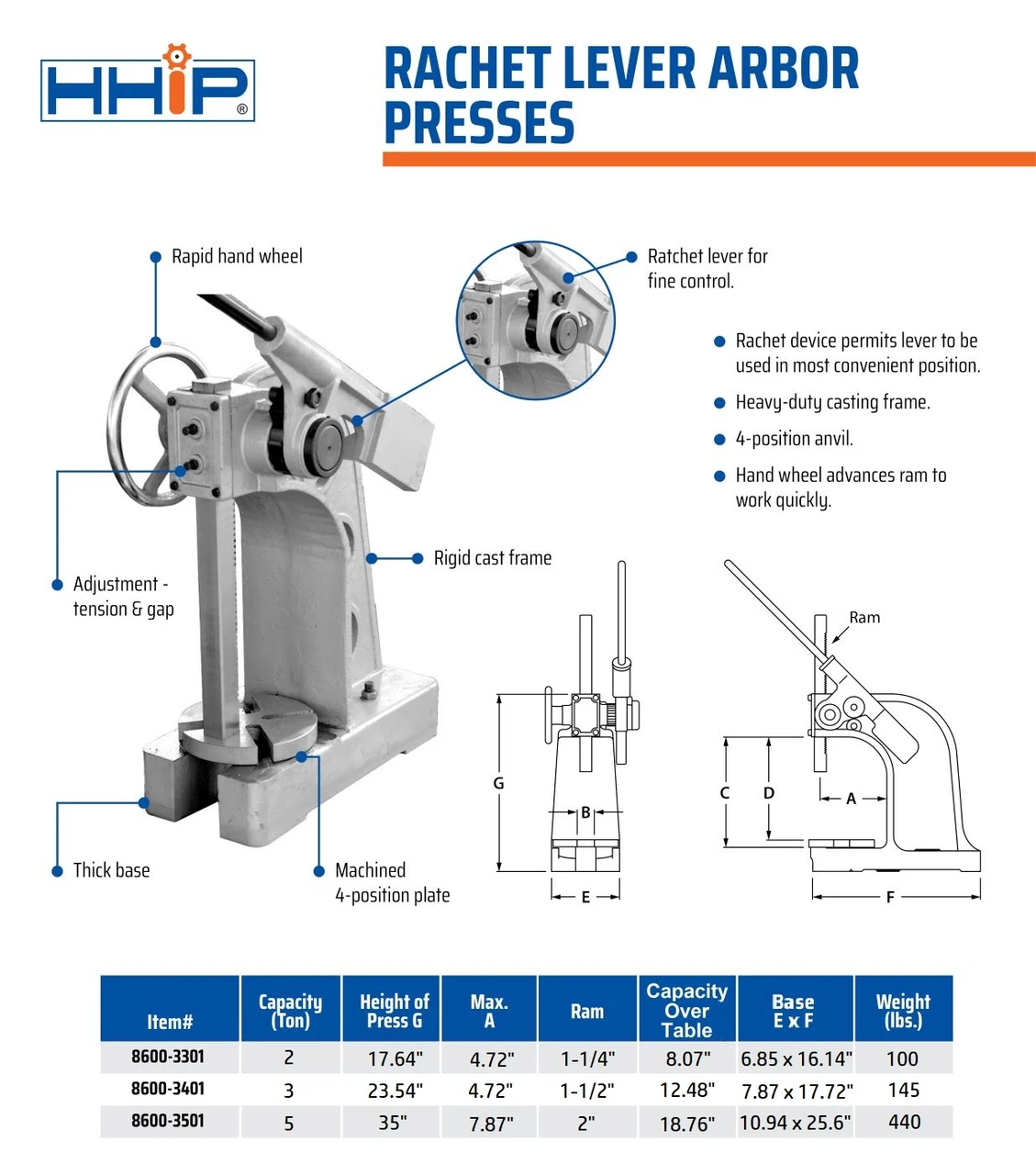 HHIP 5 TON RATCHET TYPE ARBOR PRESS (8600-3501) — product image 3