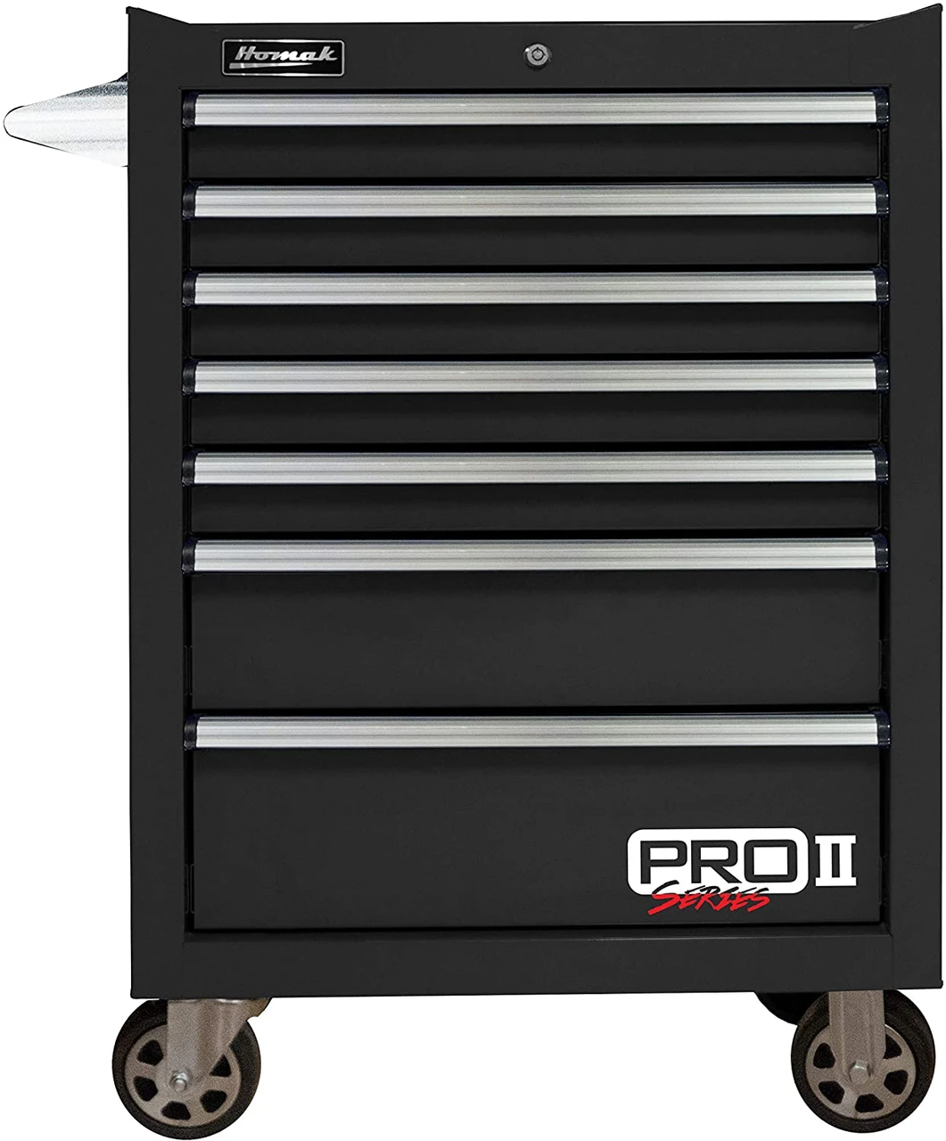Black Homak BK04027702 seven-drawer PRO II roller cabinet with silver pulls and casters