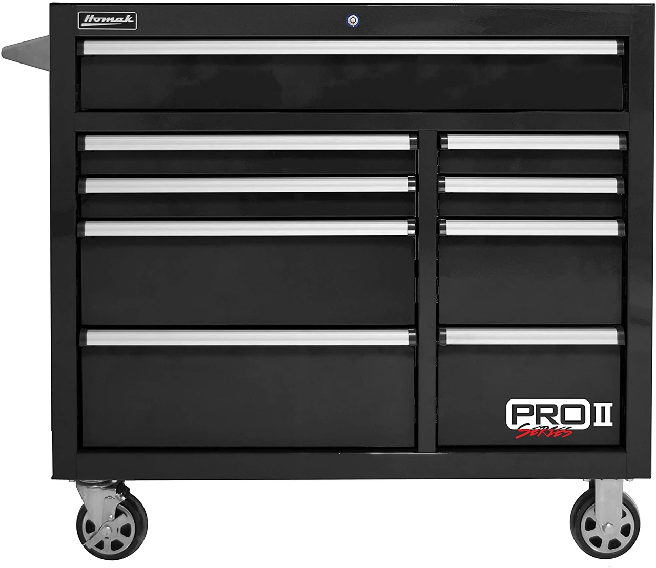 Black Homak BK04041092 PRO II nine-drawer roller cabinet with silver pulls and casters
