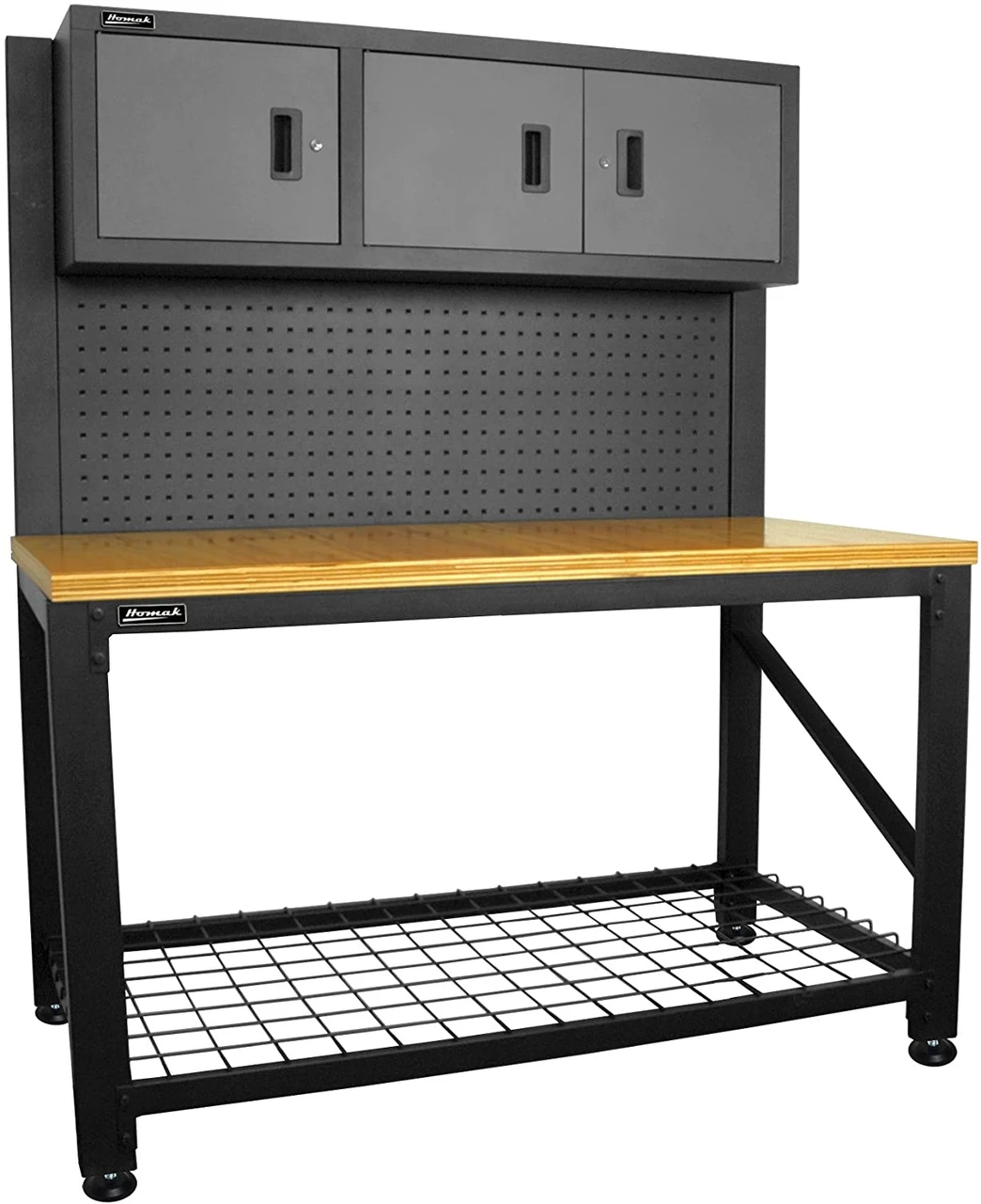 Homak 59-Inch Wood Top Workbench with 3 Door Cabinet, Steel (GS00659031)
