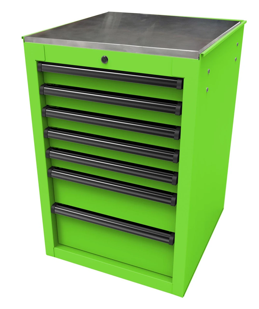 Lime-green Homak LG08022070 seven-drawer side cabinet with silver pulls and a recessed top