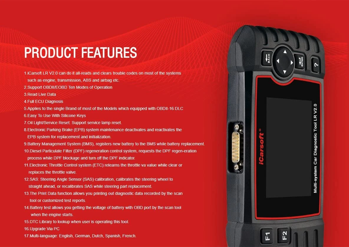 iCarsoft Multi-System Scanner for Jaguar/Land Rover + OBD II (LRV2.0) — product image 3