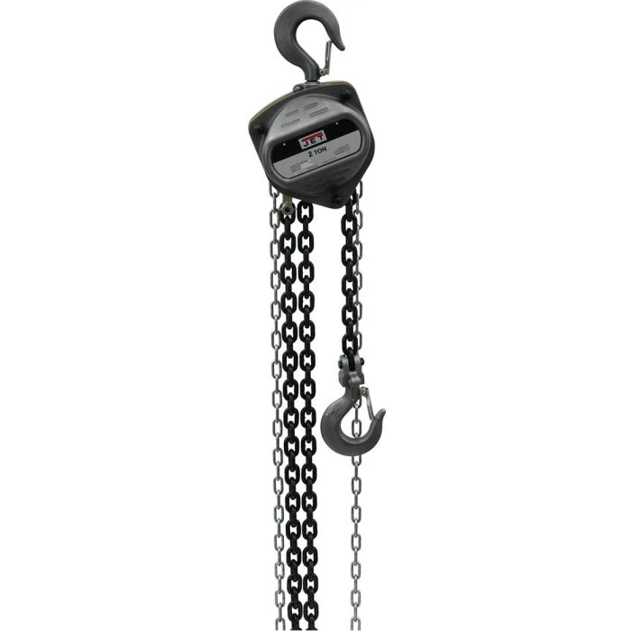 JET hand chain hoist marked 2 TON with hanging chains and load hook