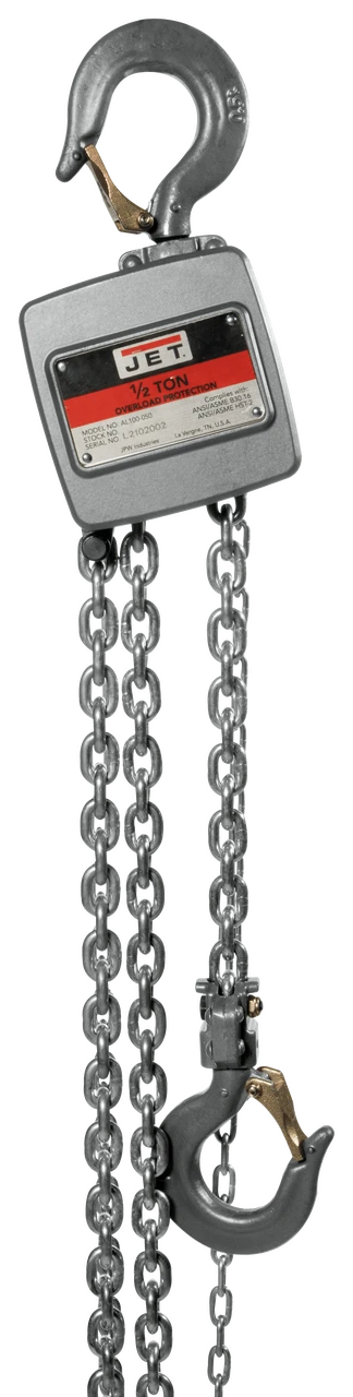 JET silver manual chain hoist marked half ton with chain loops and hooks