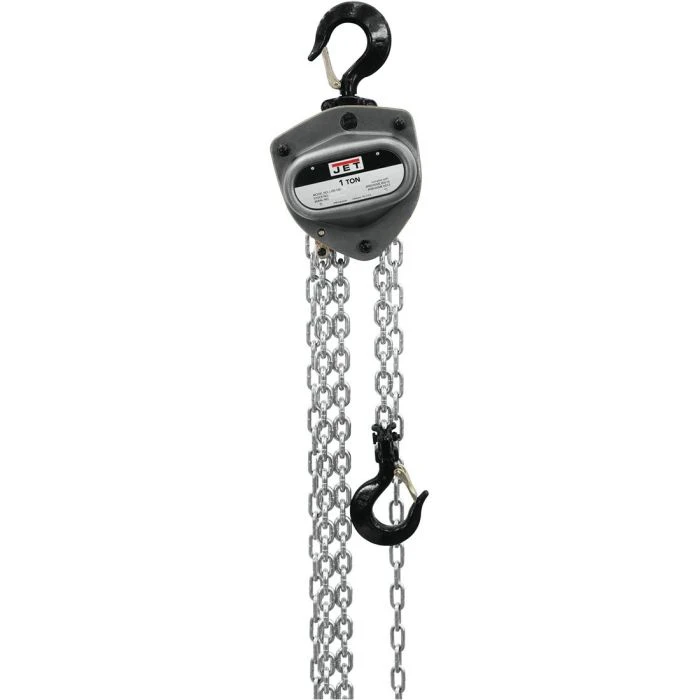 JET black hand-chain hoist with upper hook, chain loops and lower hook