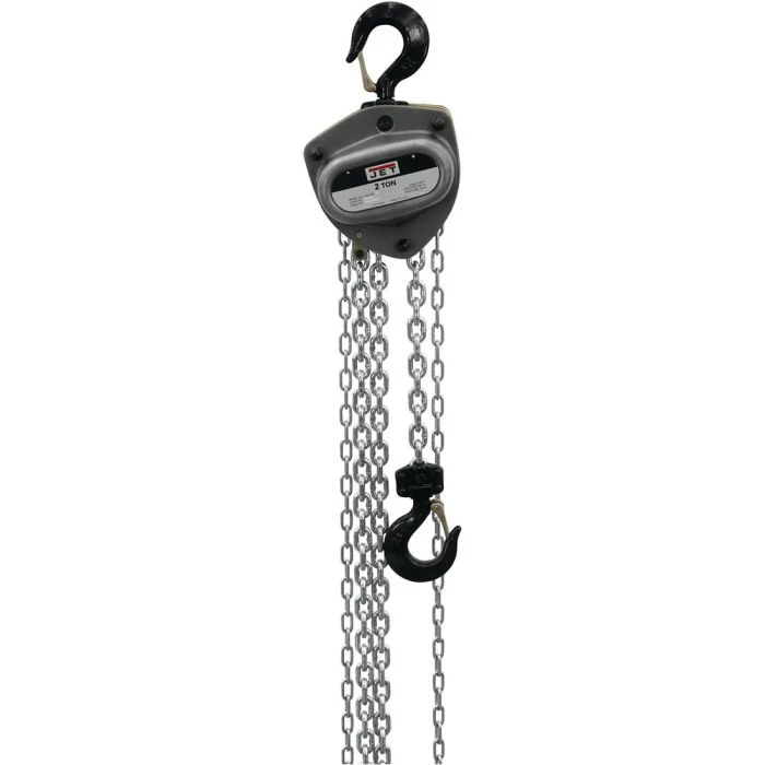 JET hand chain hoist marked 2 TON with hanging chains and lower hook
