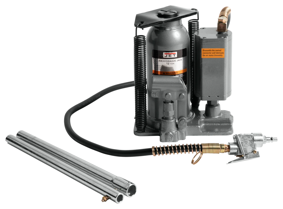 JET air hydraulic bottle jack with air hose, control fitting and separate handle sections