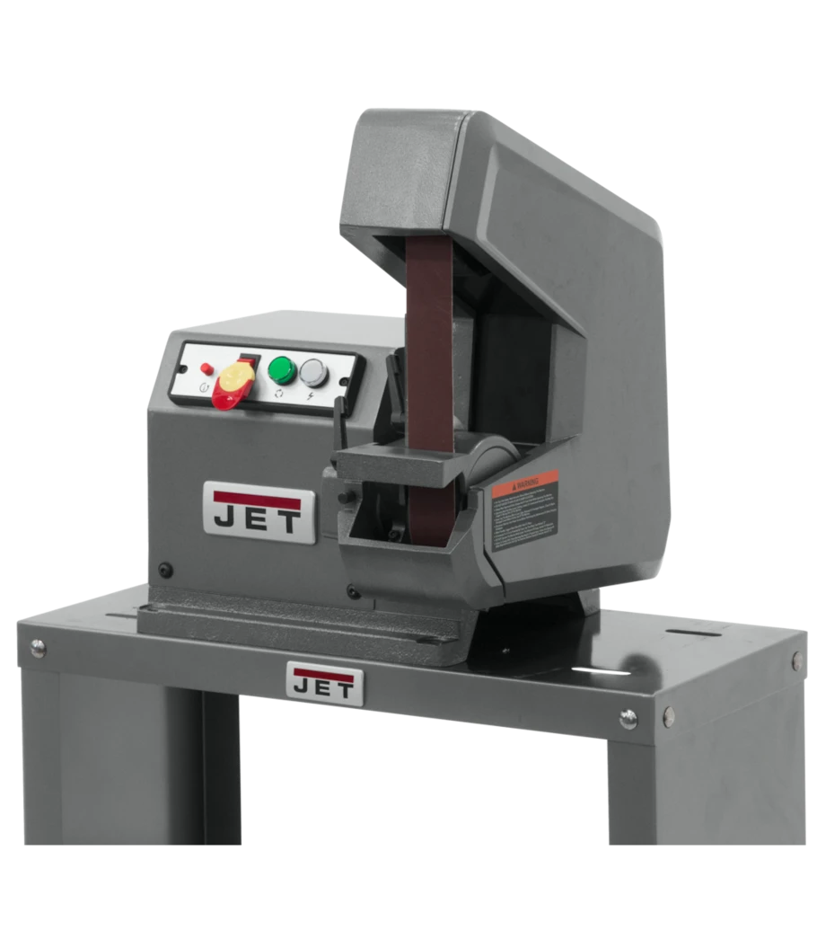 JET BGB-142 577100 vertical belt grinder shown on a stand