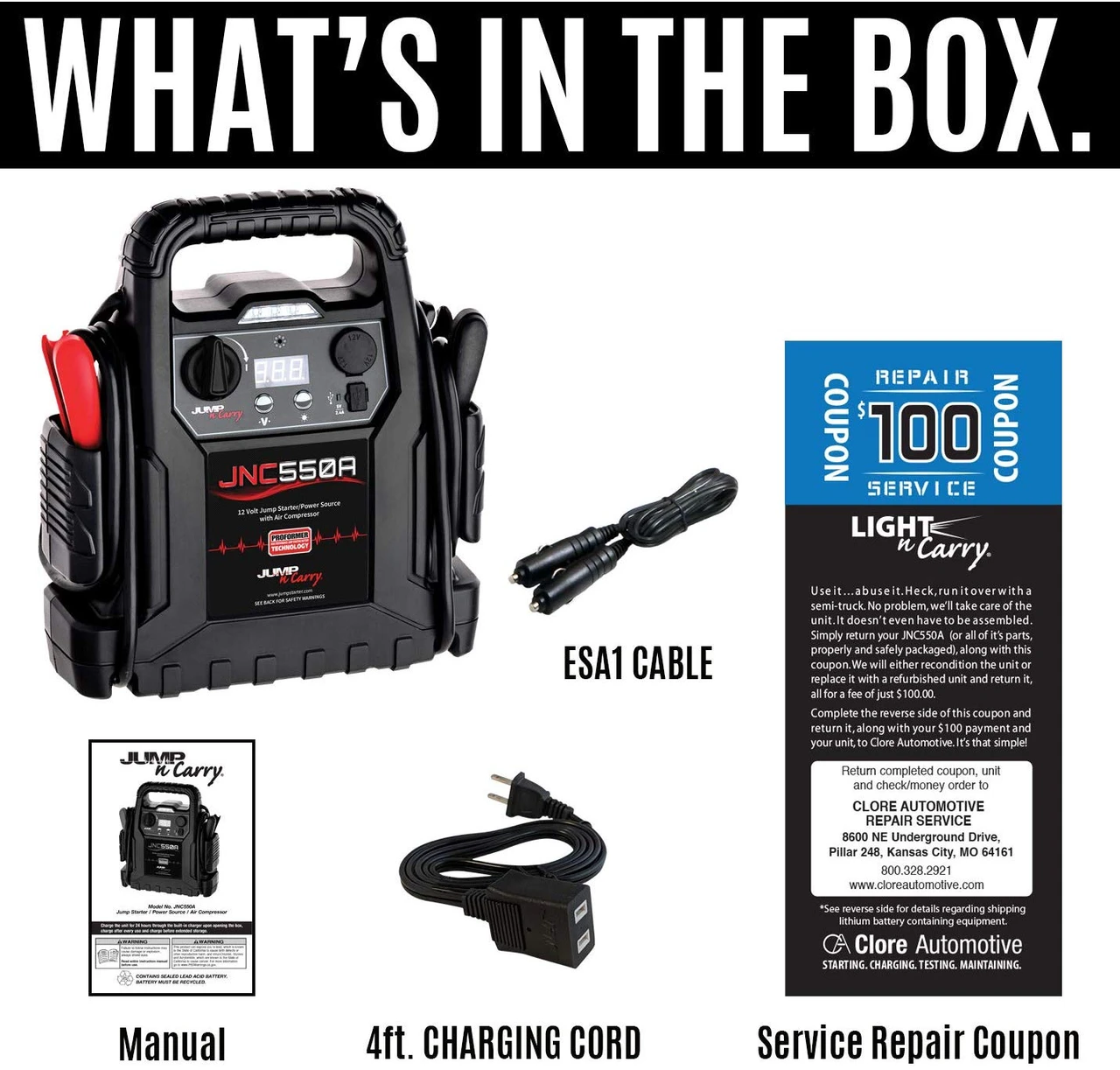 Clore Automotive 1100 Peak Amp 12V Jump Starter w/Air System (JNC550A) — product image 2