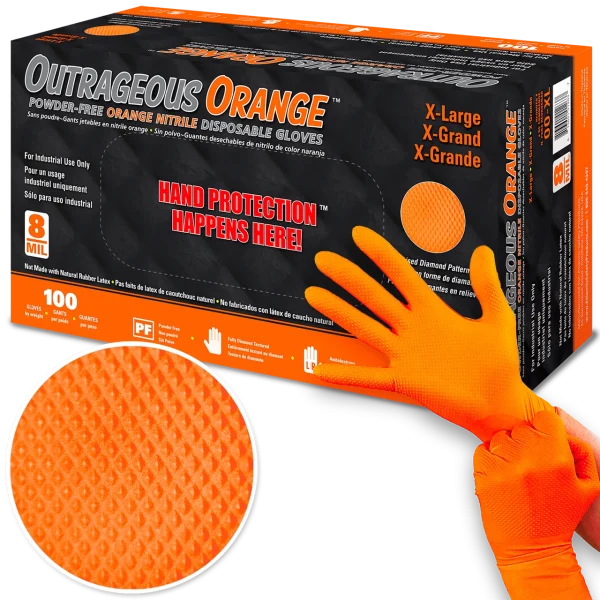 KBS Coatings Outrageous Orange Raised Diamond Grip 8 mil Nitrile Gloves - Box (50 Pairs)