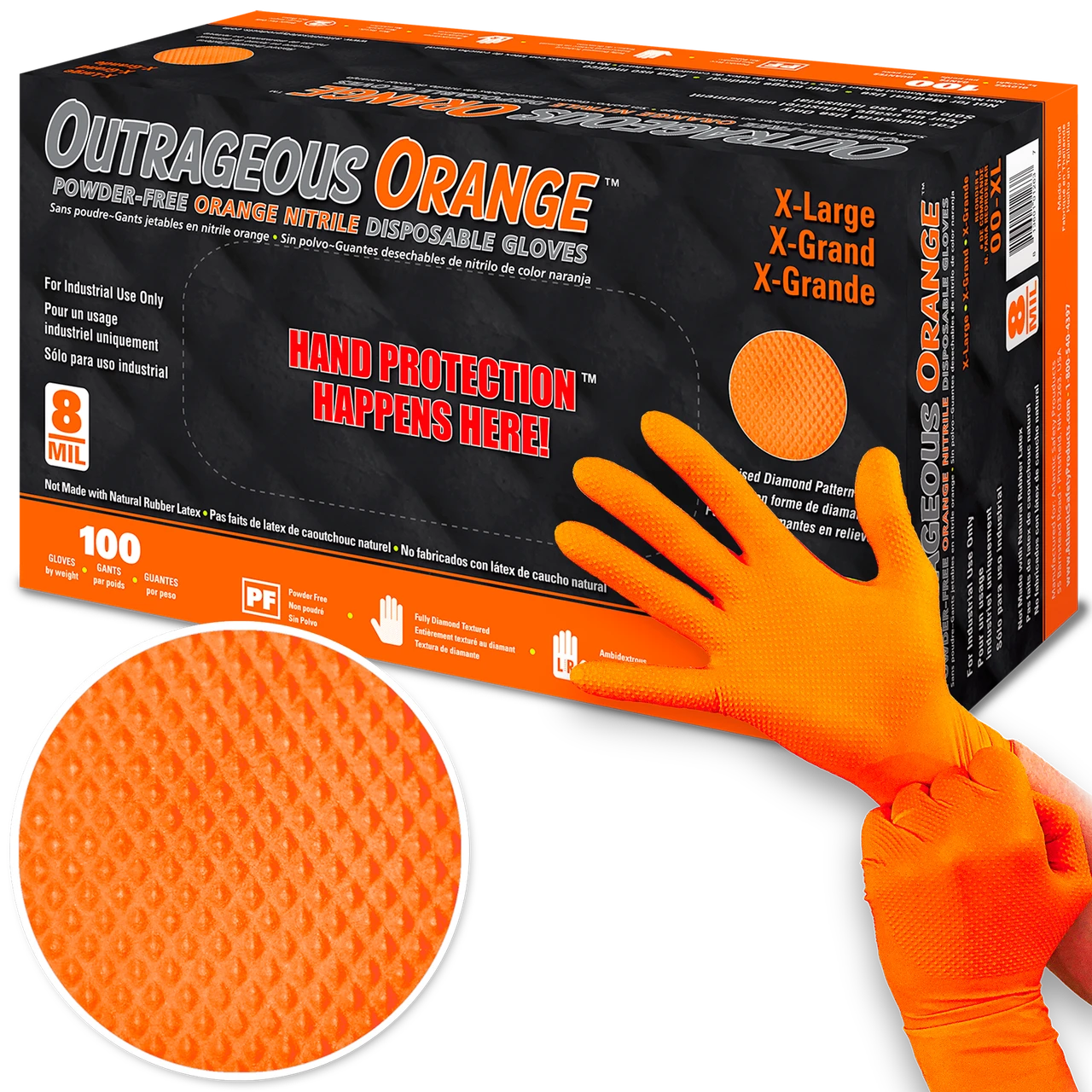 KBS Coatings Outrageous Orange Raised Diamond Grip 8 mil Nitrile Gloves - Box (50 Pairs) — product image 2